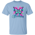Light blue t-shirt with a colorful butterfly design and 'Warrior' text on a white background