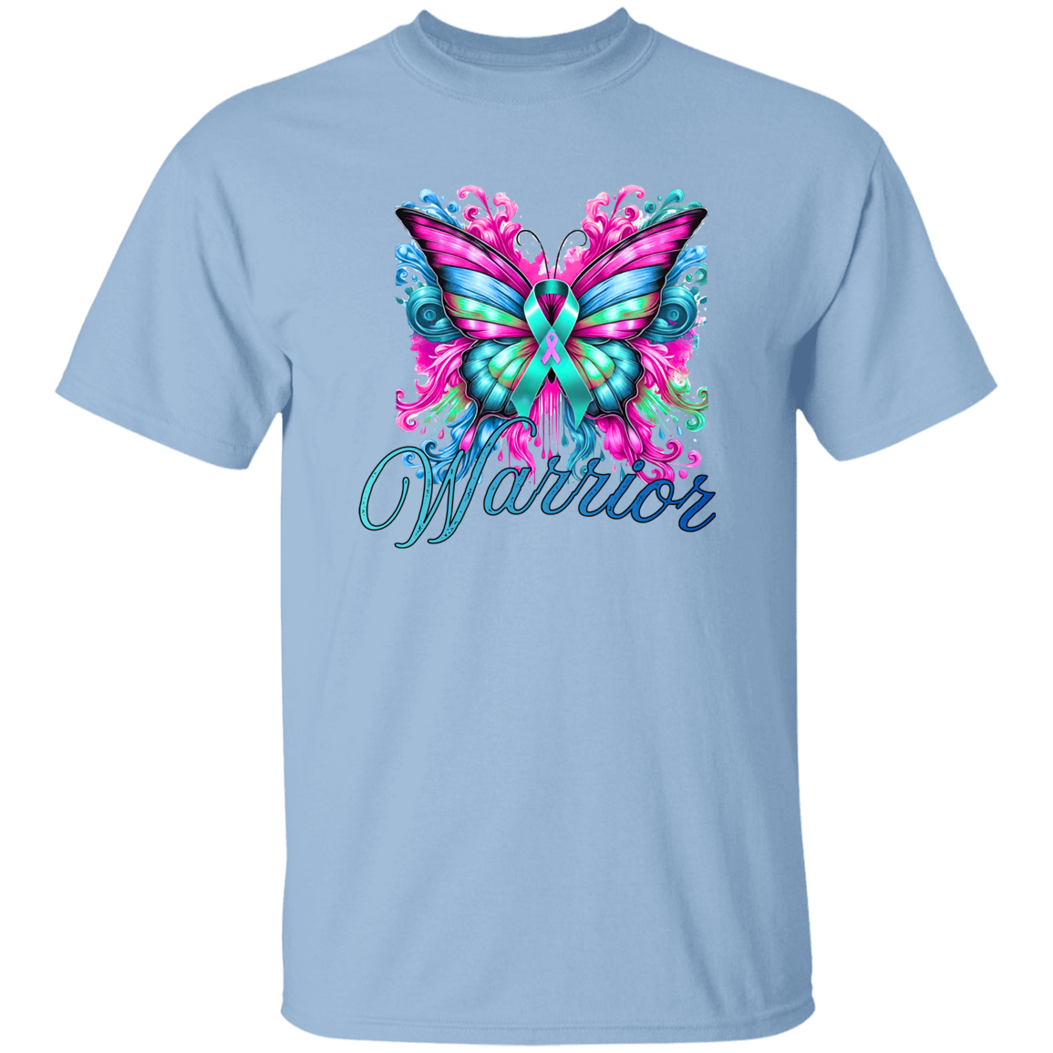Light blue t-shirt with a colorful butterfly design and 'Warrior' text on a white background
