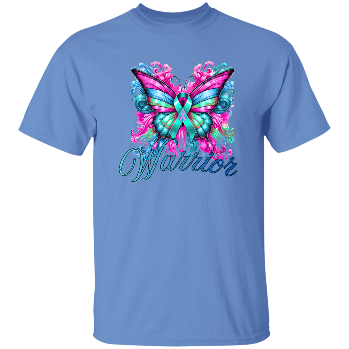 Blue t-shirt with a colorful butterfly design and 'Warrior' text on a white background