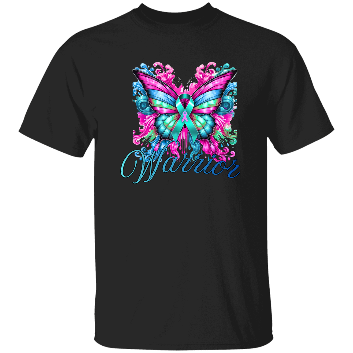 Black t-shirt with a colorful butterfly design and 'Warrior' text on a white background