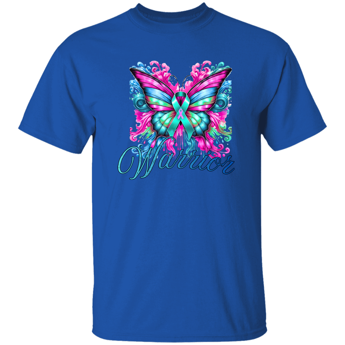 Blue t-shirt with a colorful butterfly design and 'Warrior' text on a white background