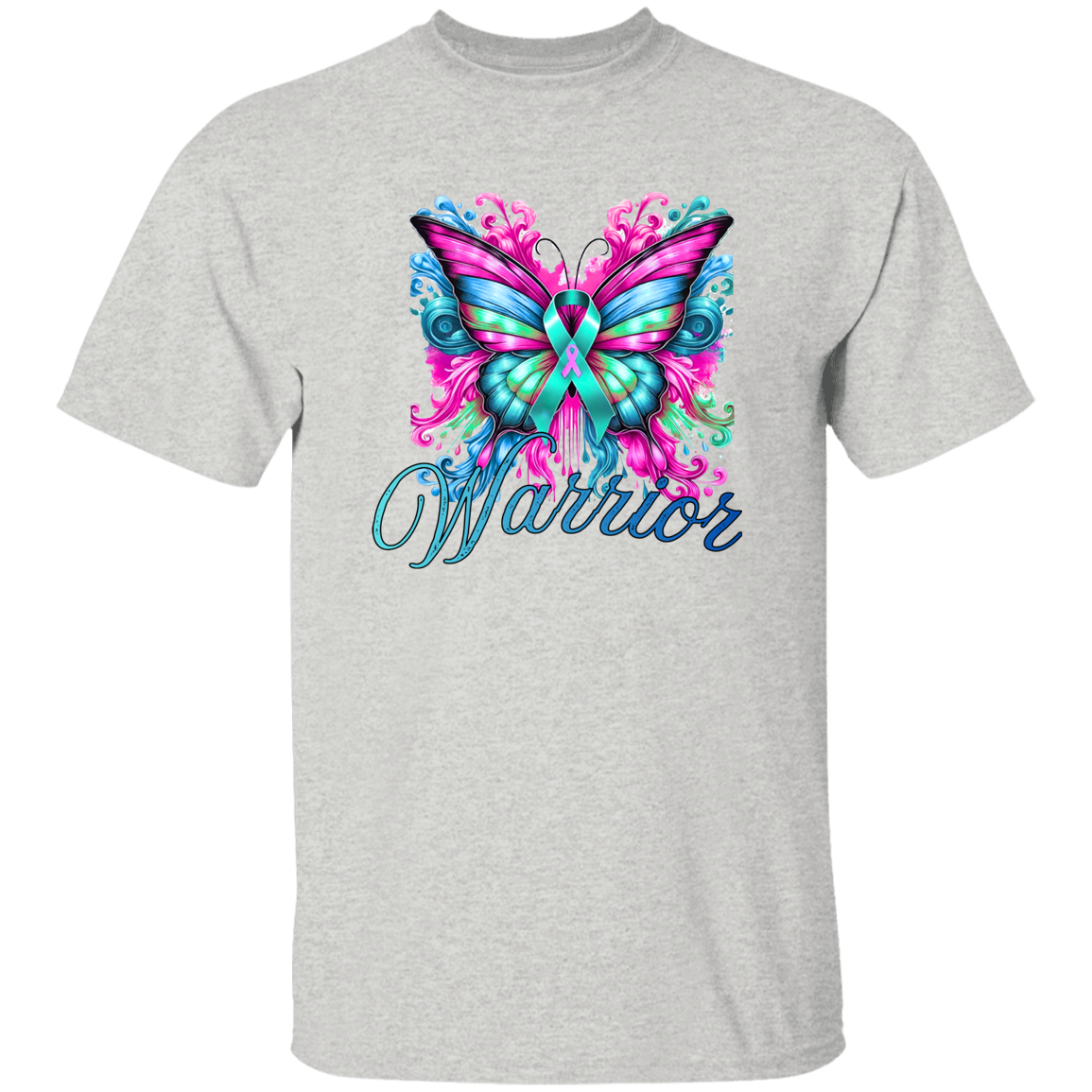 Gray t-shirt with a colorful butterfly design and 'Warrior' text on a white background