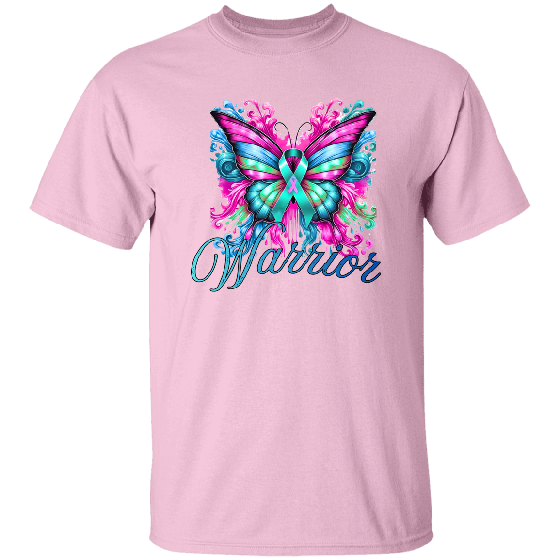 Pink t-shirt with a colorful butterfly design and 'Warrior' text on a white background