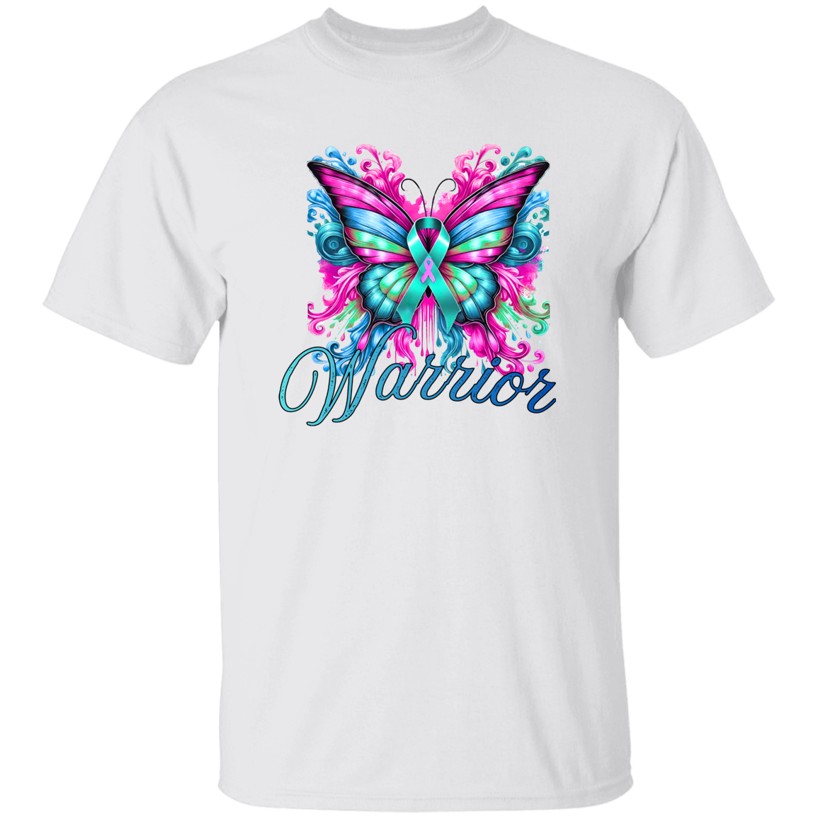 White t-shirt with a colorful butterfly design and 'Warrior' text on a white background