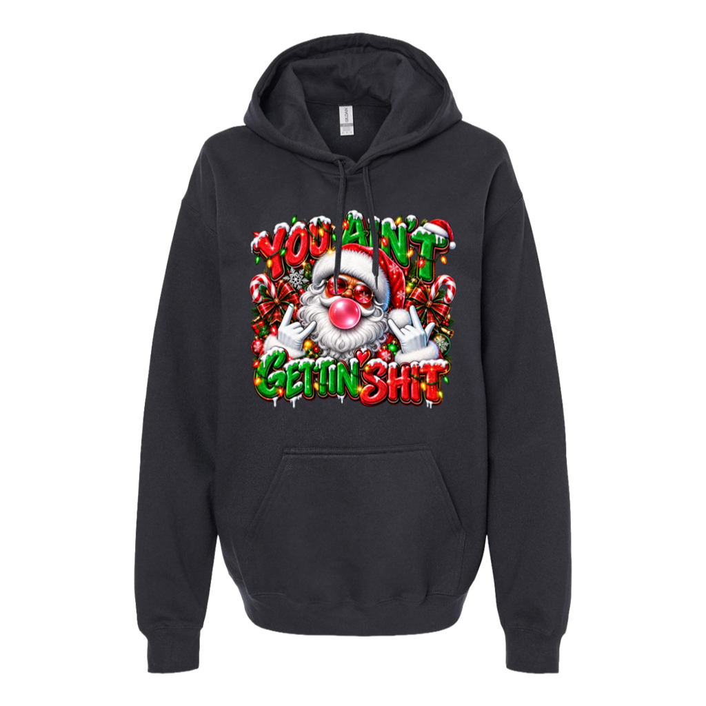 A black pullover hoodie with a colorful Christmas-themed graphic on the chest featuring a Santa Claus illustration and the text 'YOU AIN'T GETTIN' SHIT' in red and green.