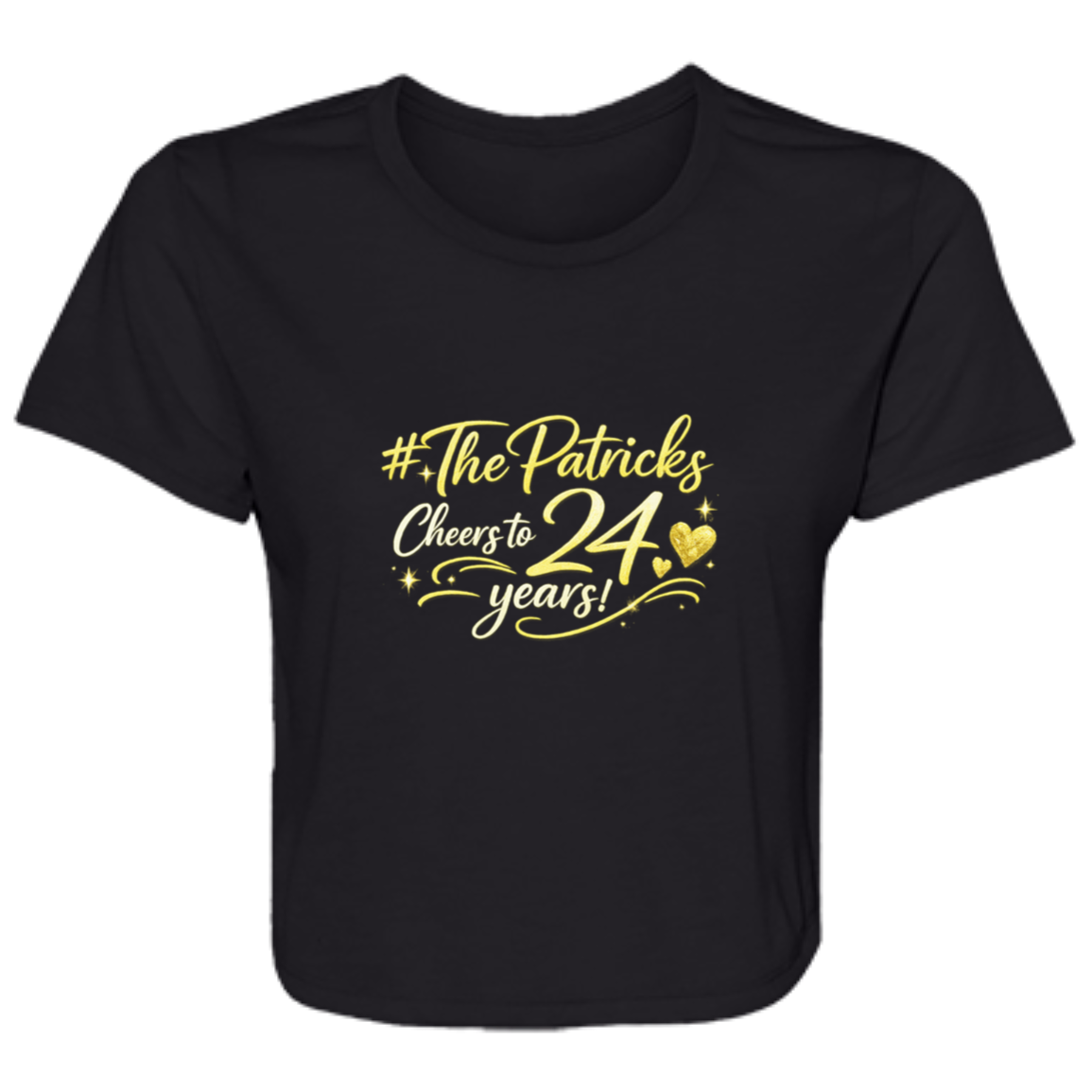 black t-shirts with celebratory text Cheers to 24 years