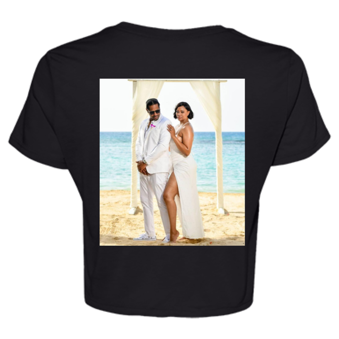 black t-shirts with custom wedding photo on the back