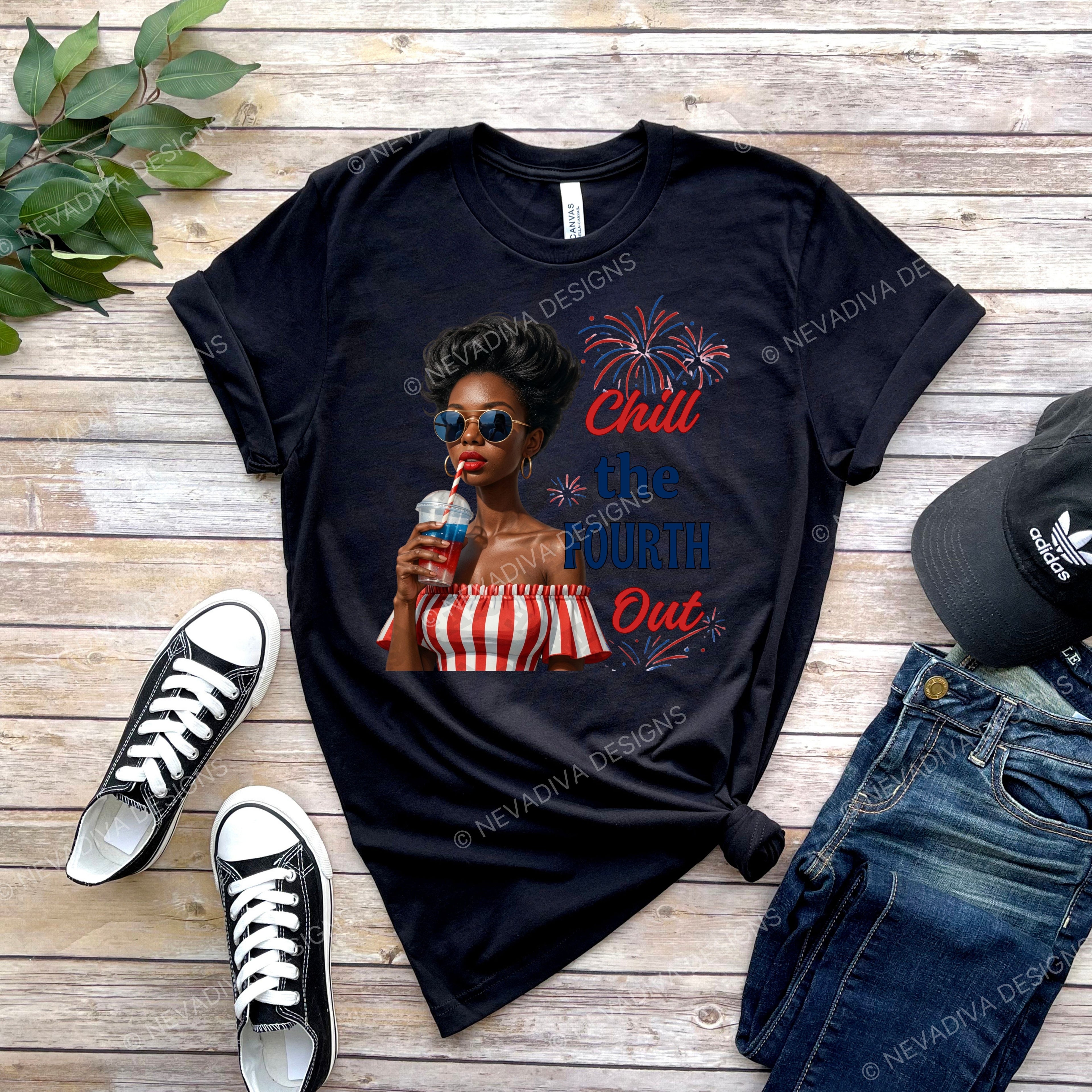 Black t-shirt with a graphic of a woman holding a slushie and text 'Chill the Fourth Out' on a wooden surface with sneakers and jeans.