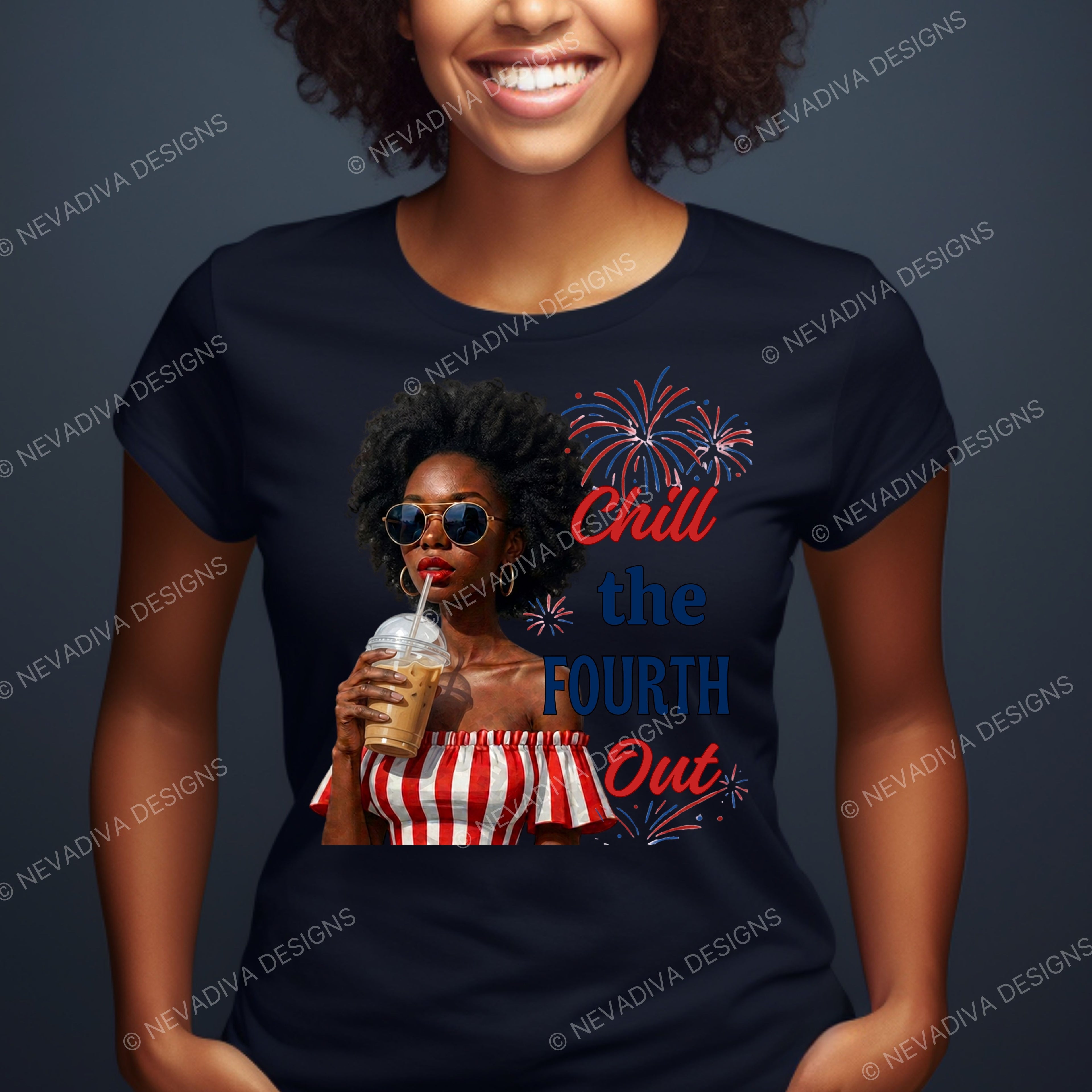 Person wearing a t-shirt with a graphic of a woman holding a drink, text 'Chill the Fourth Out', and fireworks.