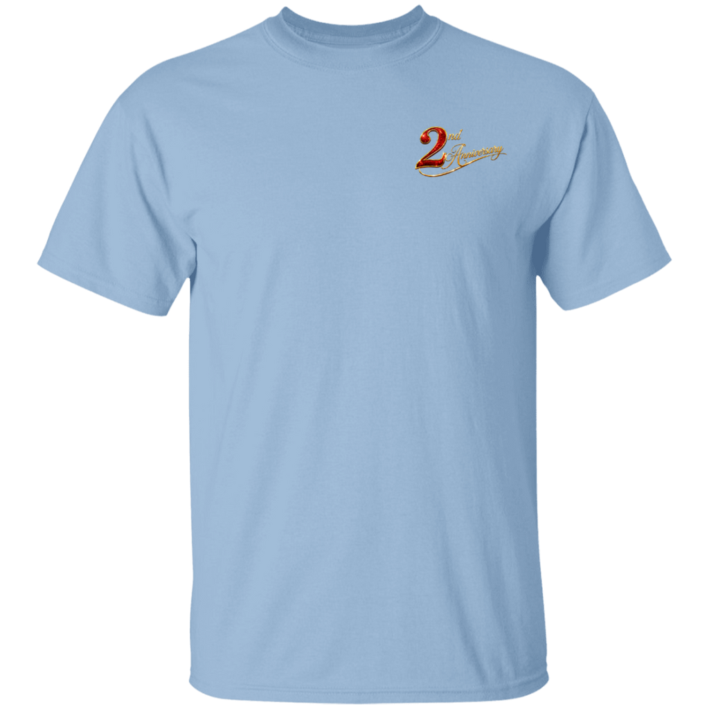 A light blue short-sleeve crewneck t-shirt with a small graphic on the left chest featuring a red number 2 and the text '2nd Anniversary' in a gold and red script.
