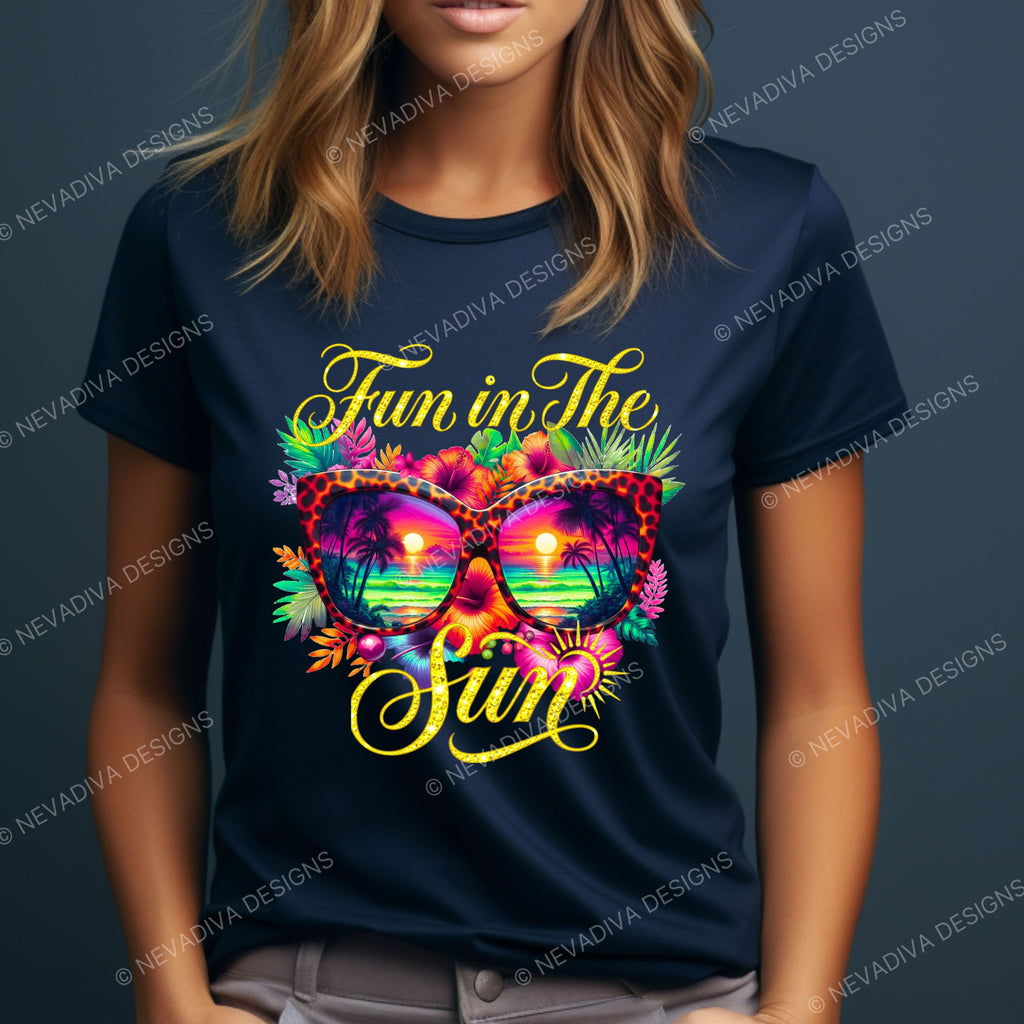 Navy blue t-shirt with colorful graphic and 'Fun in The Sun' text on a dark background