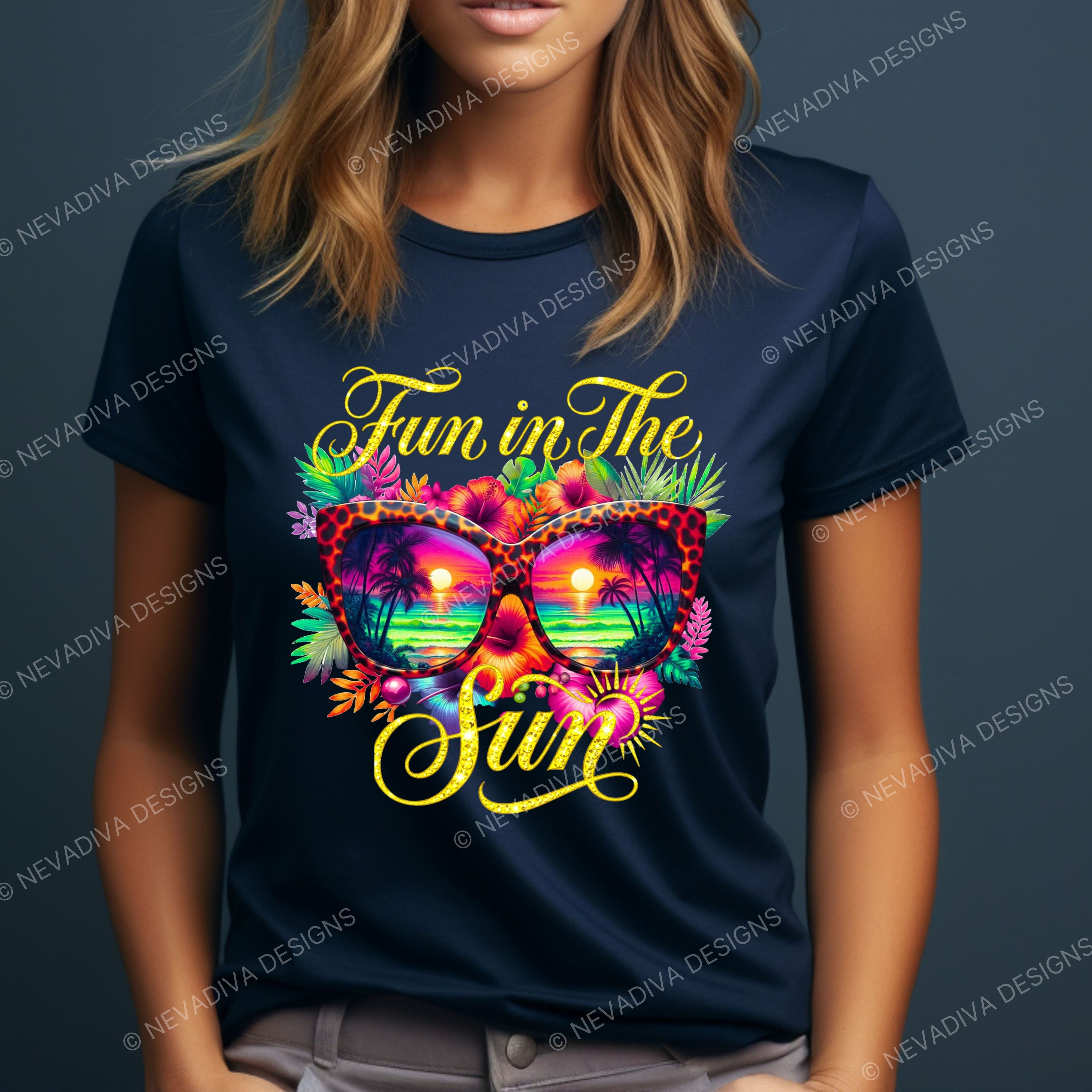 Navy blue t-shirt with colorful graphic and 'Fun in The Sun' text on a dark background