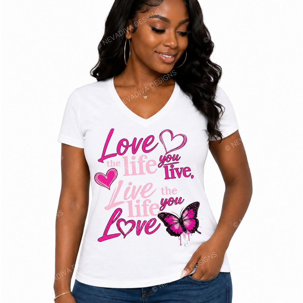 Woman wearing a white t-shirt with pink text and a butterfly design on a white background