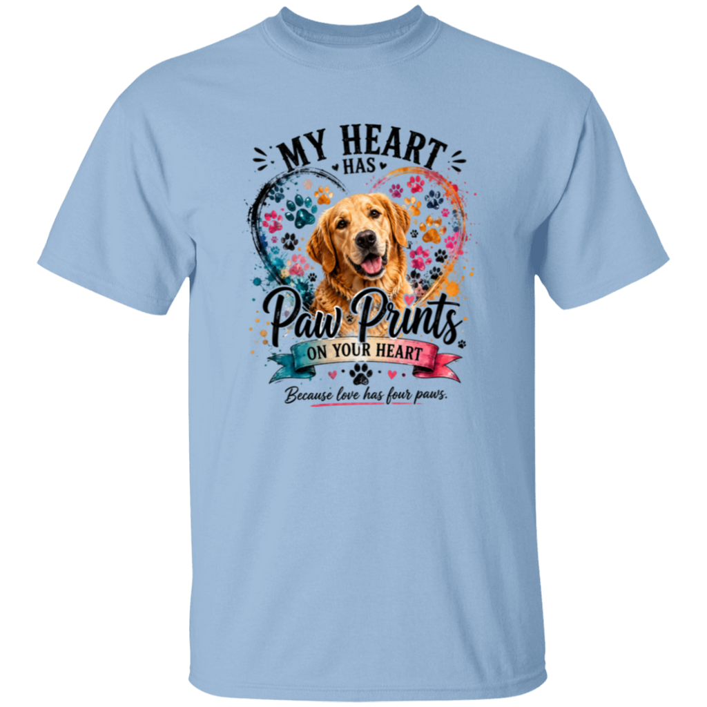 a shirt with a dog and text that say my heart has paw prints on your heart