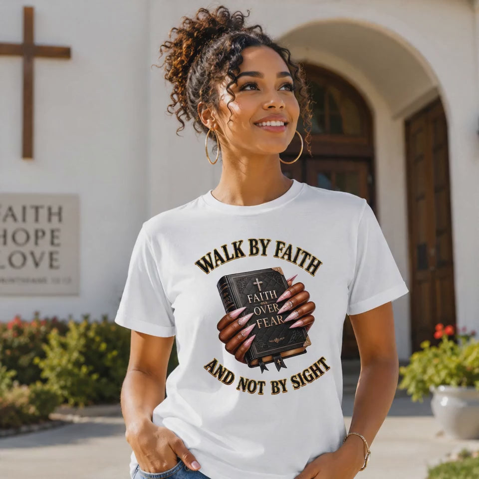 model demonstrating this beautiful design holding a bible with the text walk by faith and not by sight