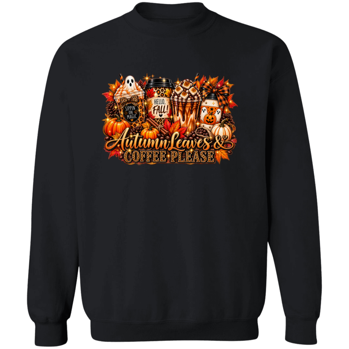 A black crewneck sweatshirt featuring a colorful autumn-themed graphic print on the chest with pumpkins, leaves, a ghost, a coffee mug, and the text 'Autumn leaves & Coffee please'.